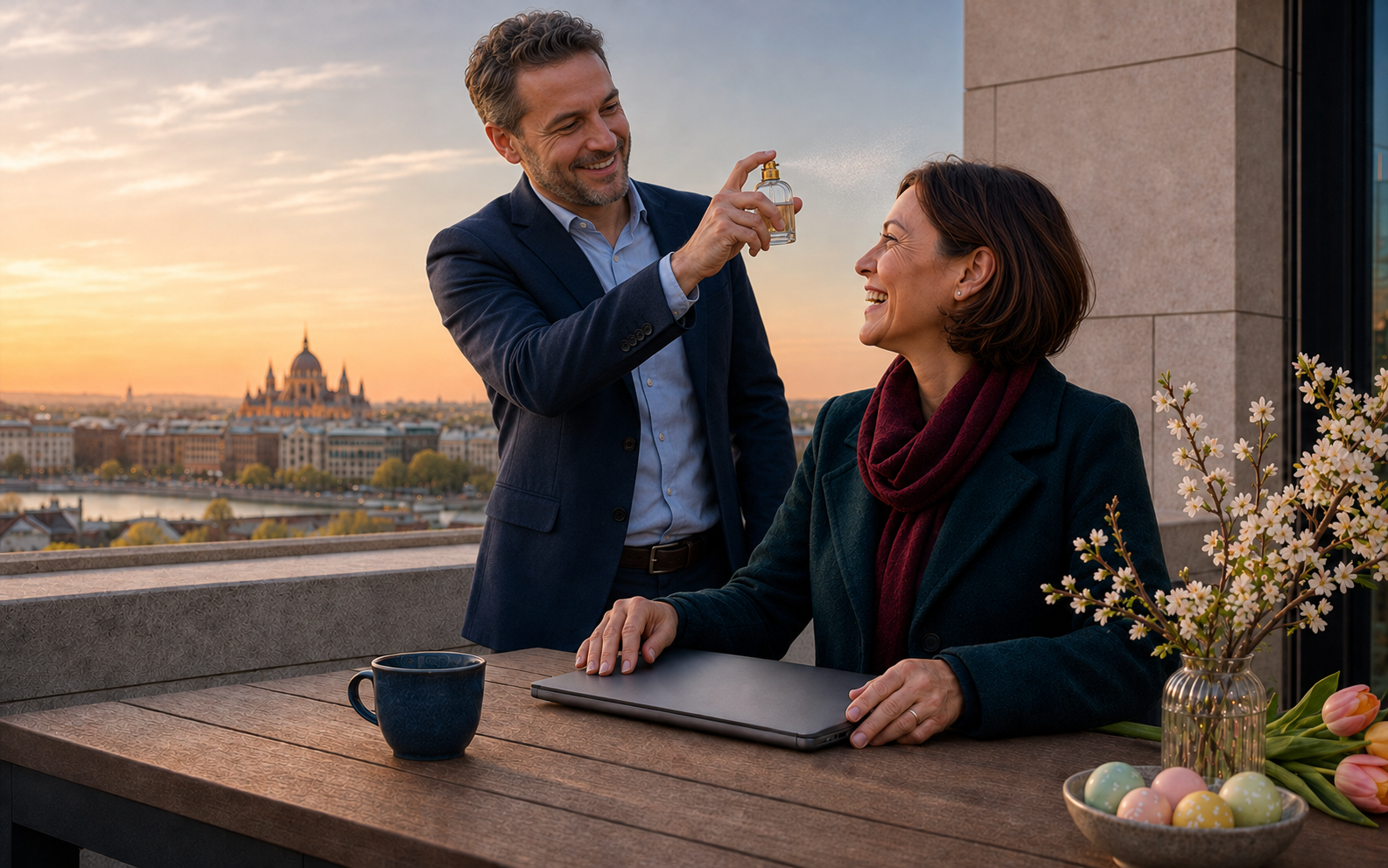 Vidám húsvéti kölnis locsolkodás a budapesti teraszon