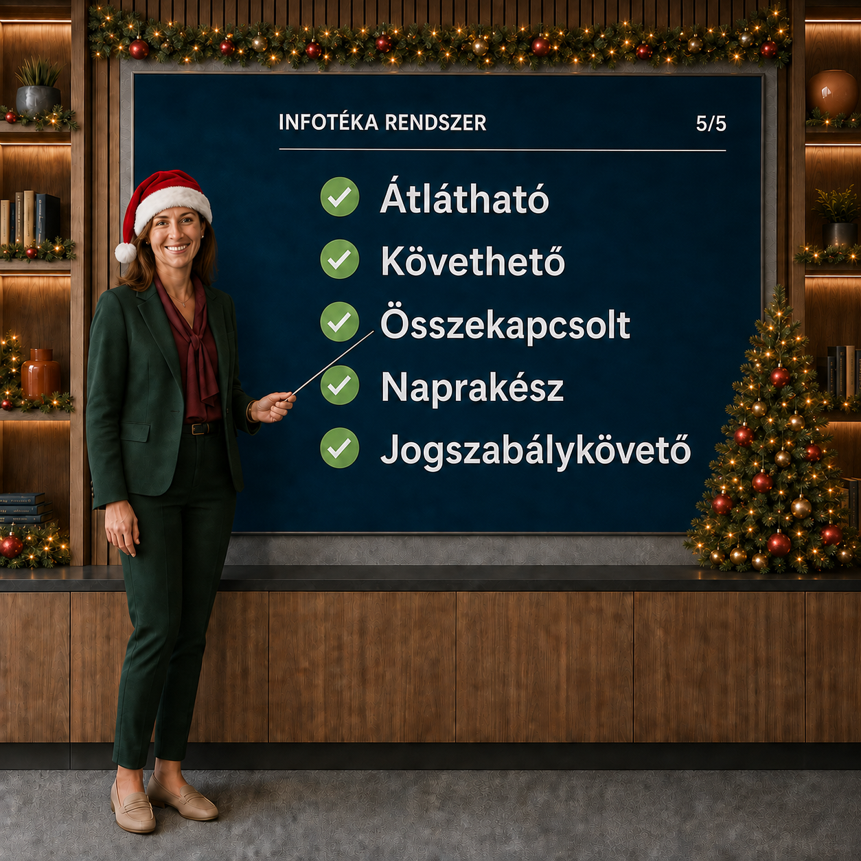 Téli üzleti ruhát viselő női szakértő karácsonyi környezetben mutatja be az Infotéka rendszer előnyeit