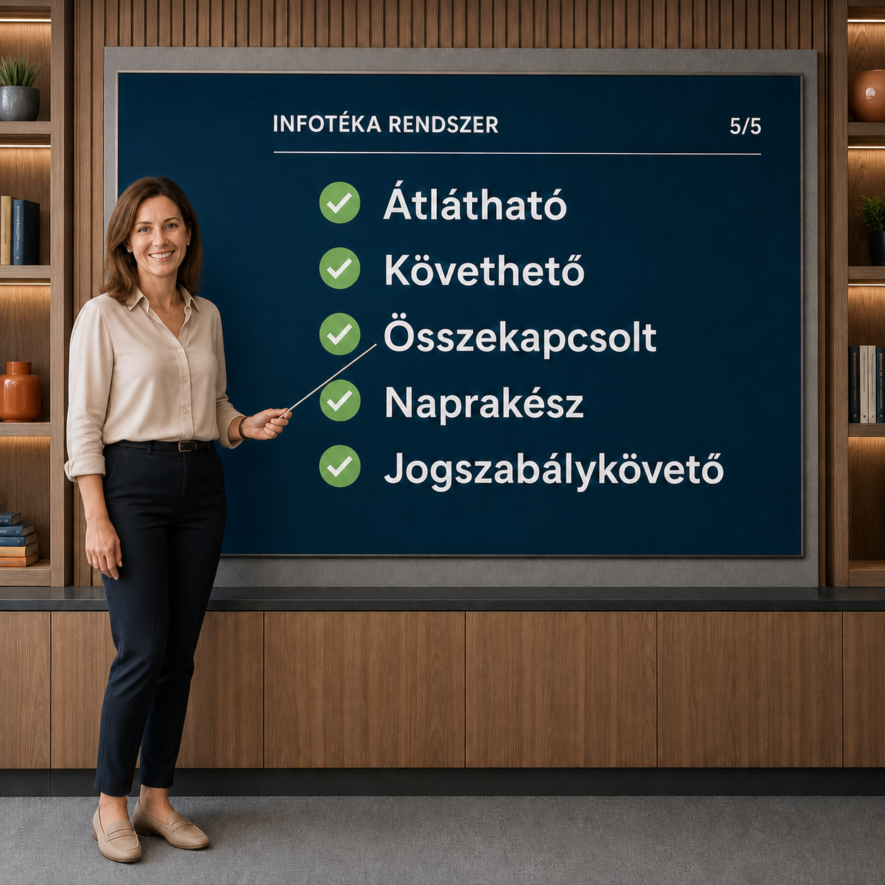 Mosolygó női szakértő mutatópálcával bemutatja az Infotéka rendszer öt előnyét