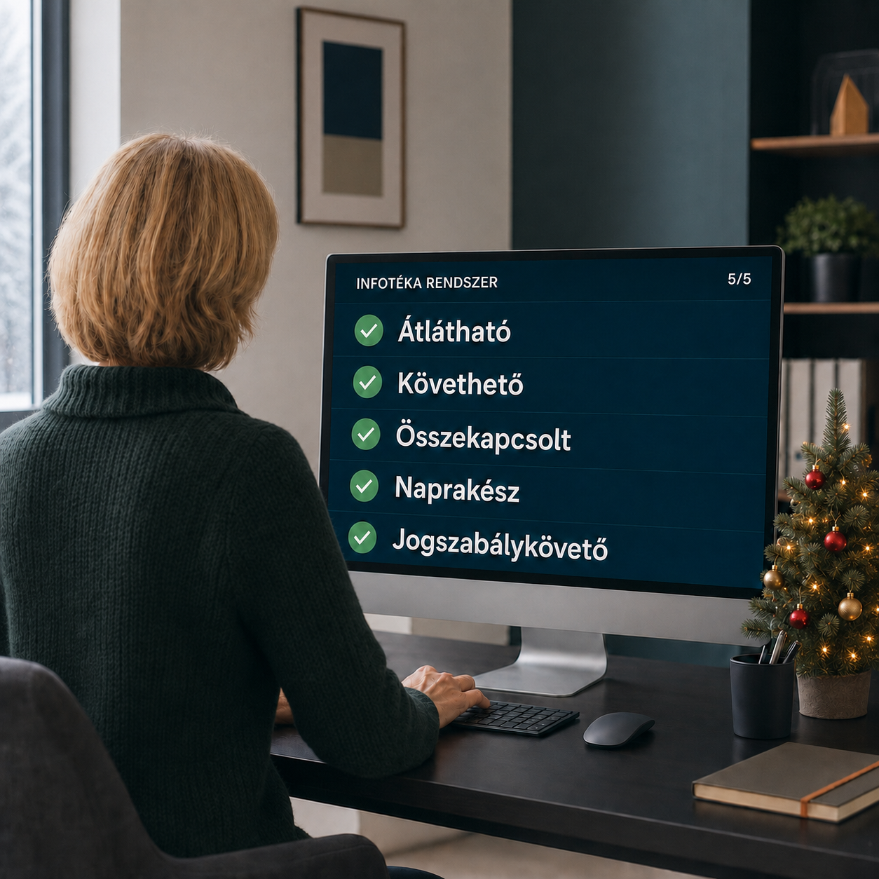 Téli ruhát viselő könyvelő havas időben dolgozik az Infotéka rendszerével