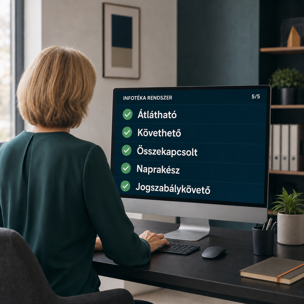 Könyvelő hátulról, munka közben egy nagyméretű monitor előtt